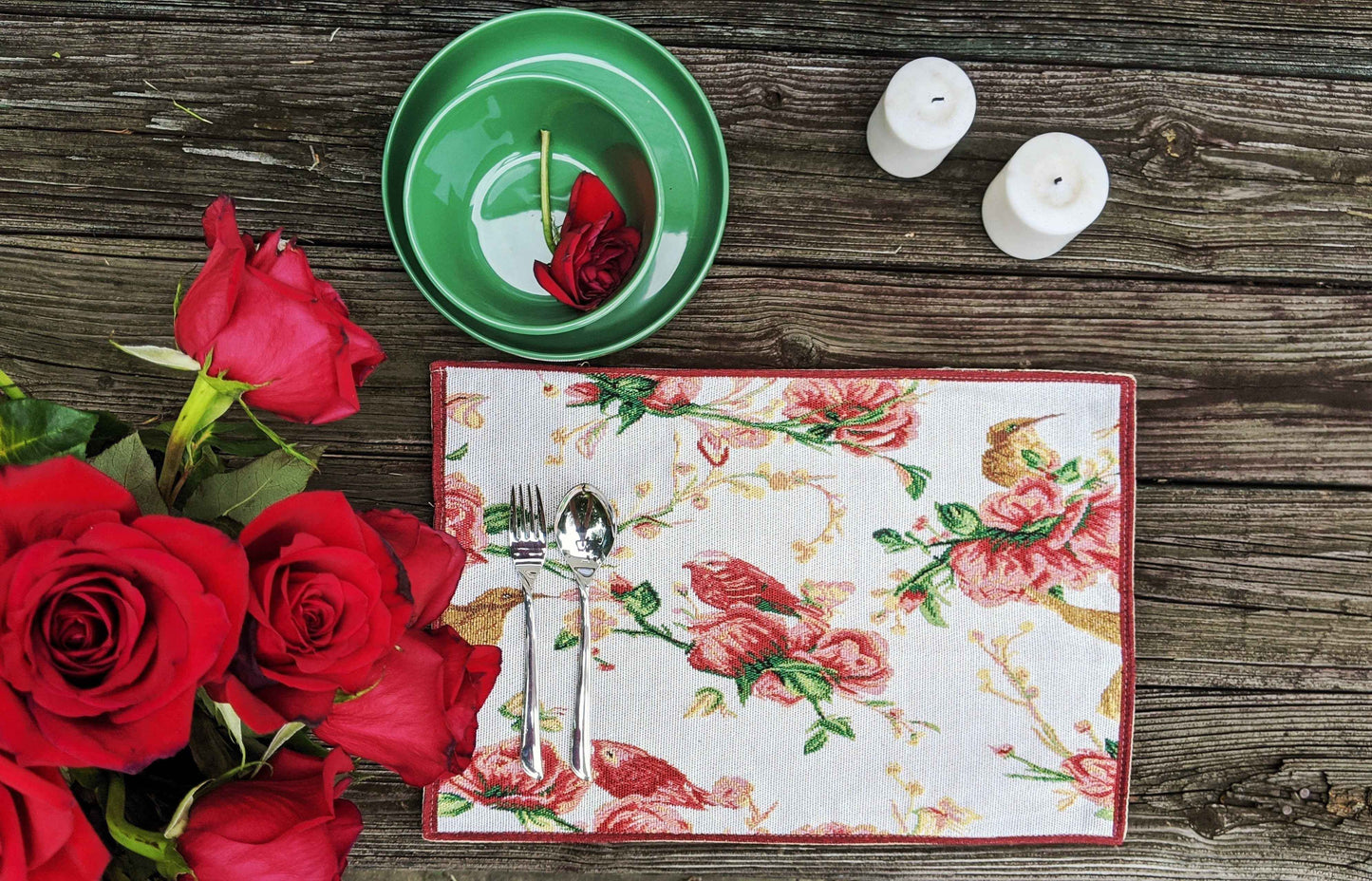 Tache Floral Red Roses Hummingbirds Woven Placemat Set 18109