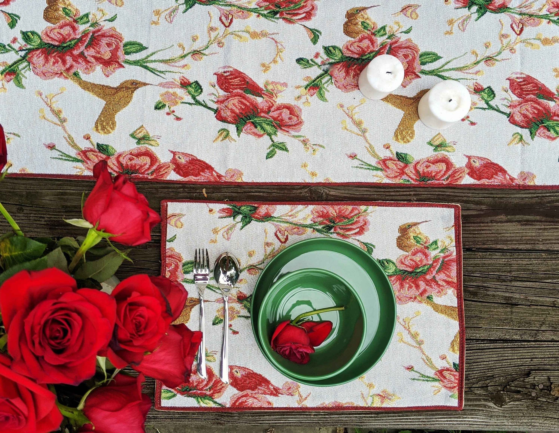 Tache Floral Red Roses Hummingbirds Woven Placemat Set 18109