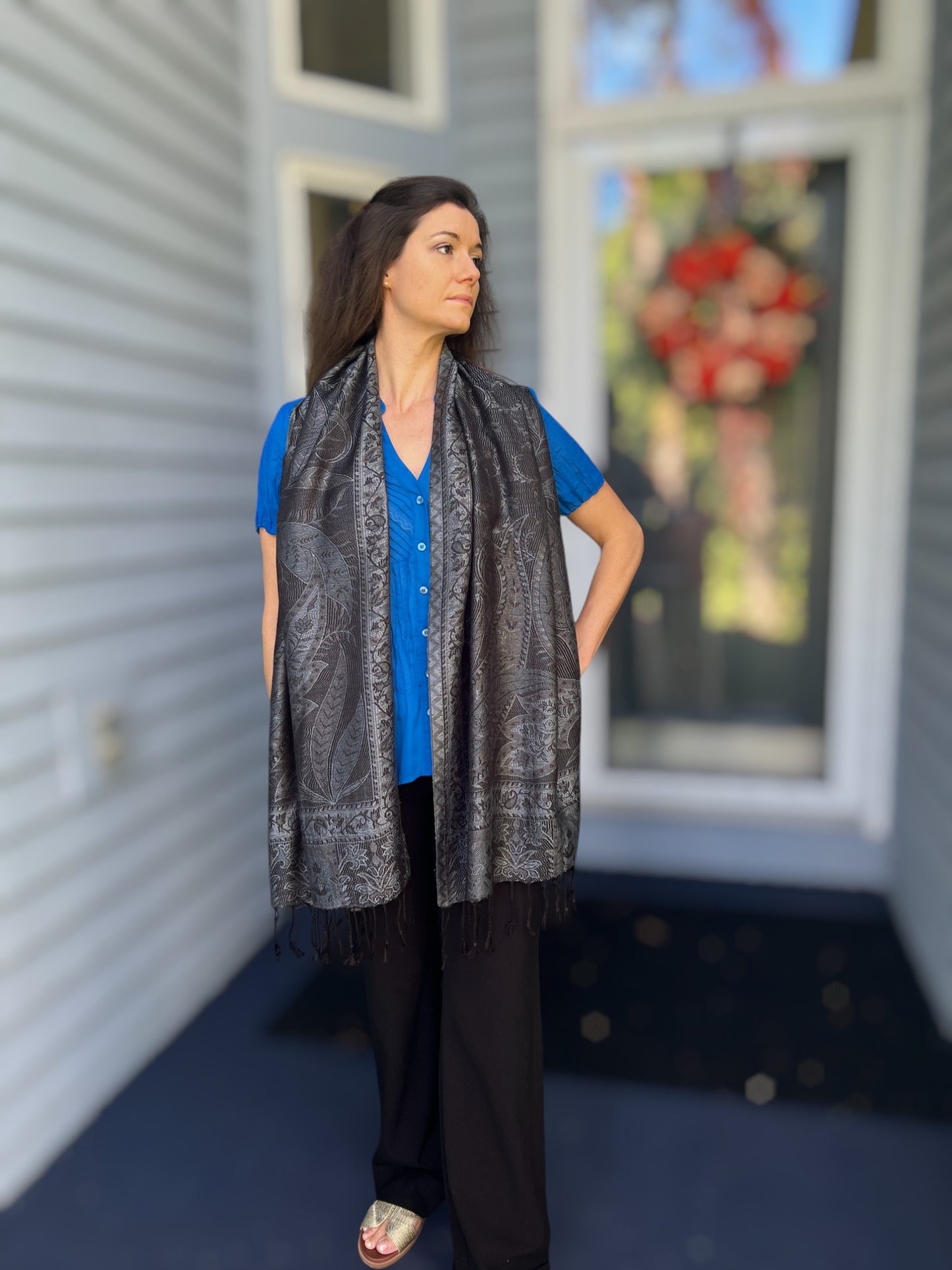 Black and Gray Modal Jamawar Pashmina Scarf Reversible - Rosetta Creative Boutique