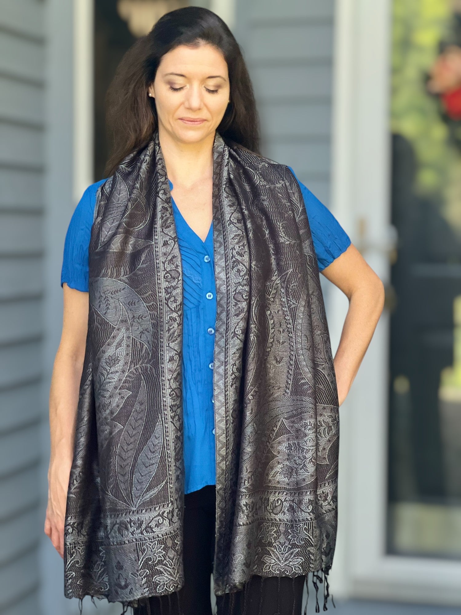 Black and Gray Modal Jamawar Pashmina Scarf Reversible - Rosetta Creative Boutique