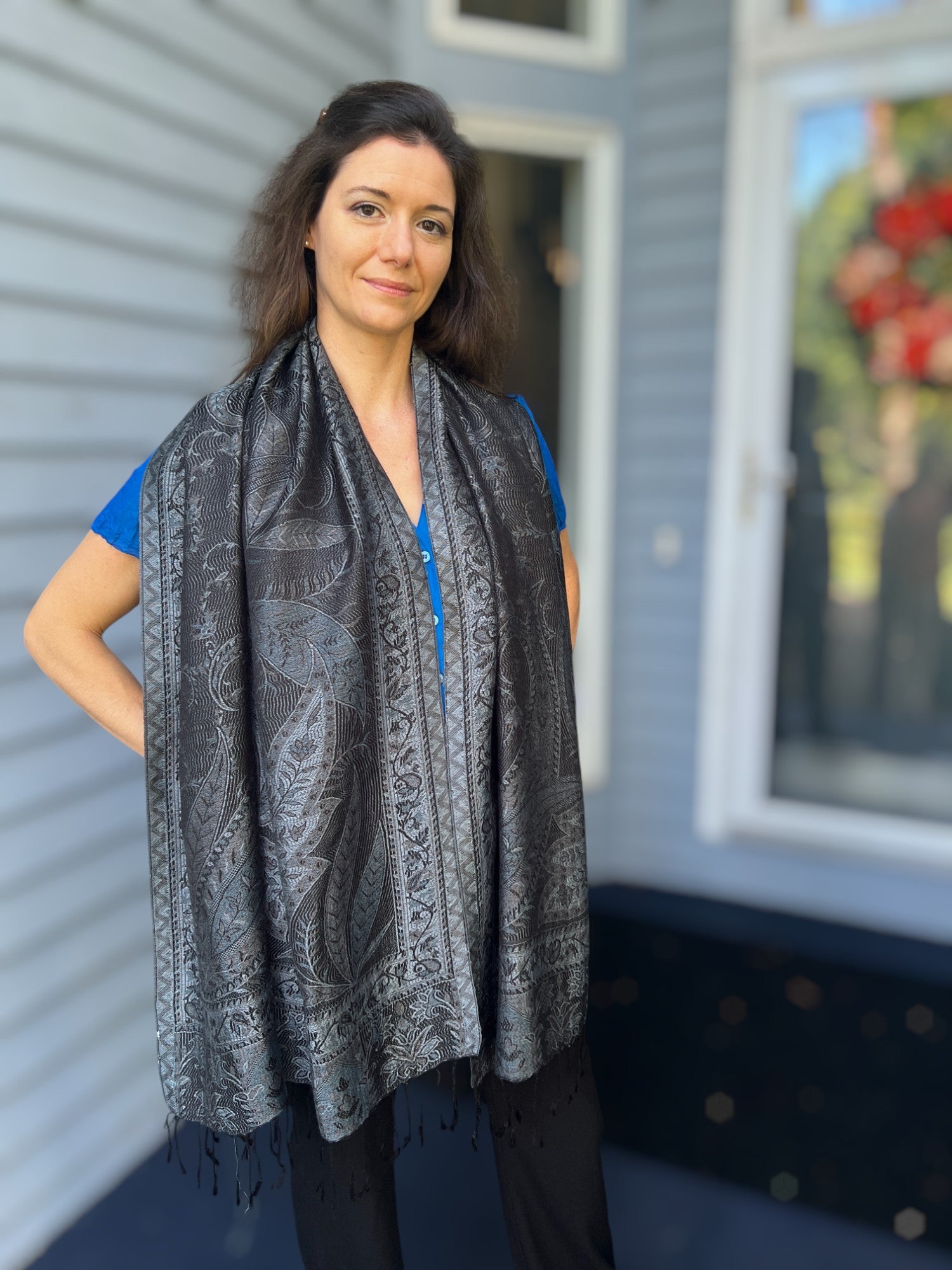 Black and Gray Modal Jamawar Pashmina Scarf Reversible - Rosetta Creative Boutique