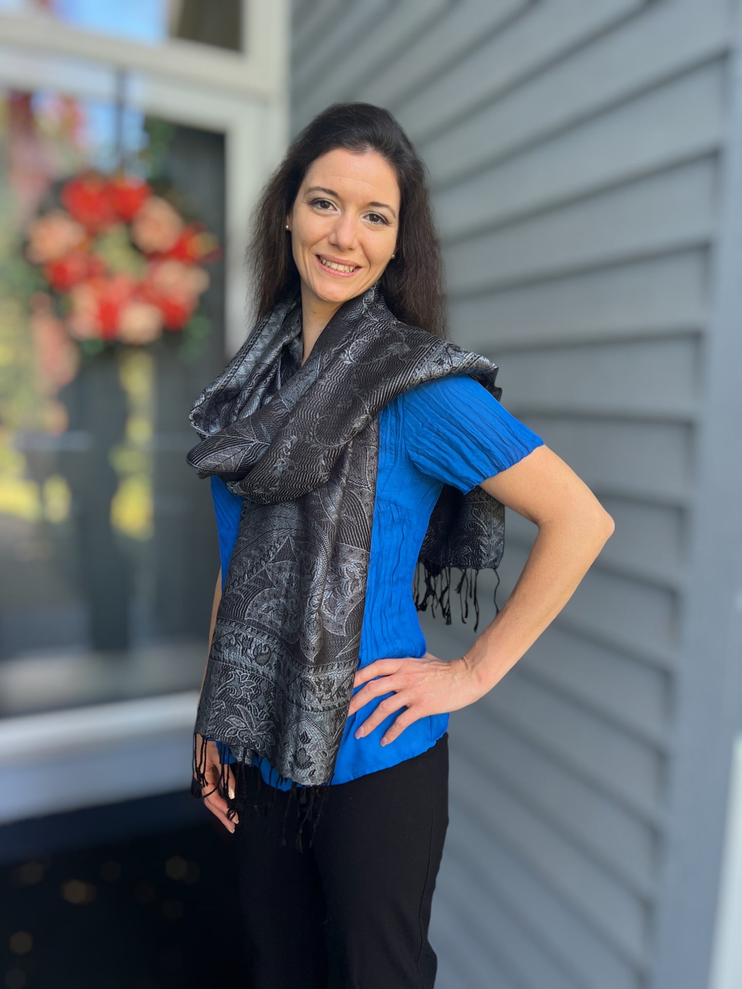 Black and Gray Modal Jamawar Pashmina Scarf Reversible - Rosetta Creative Boutique