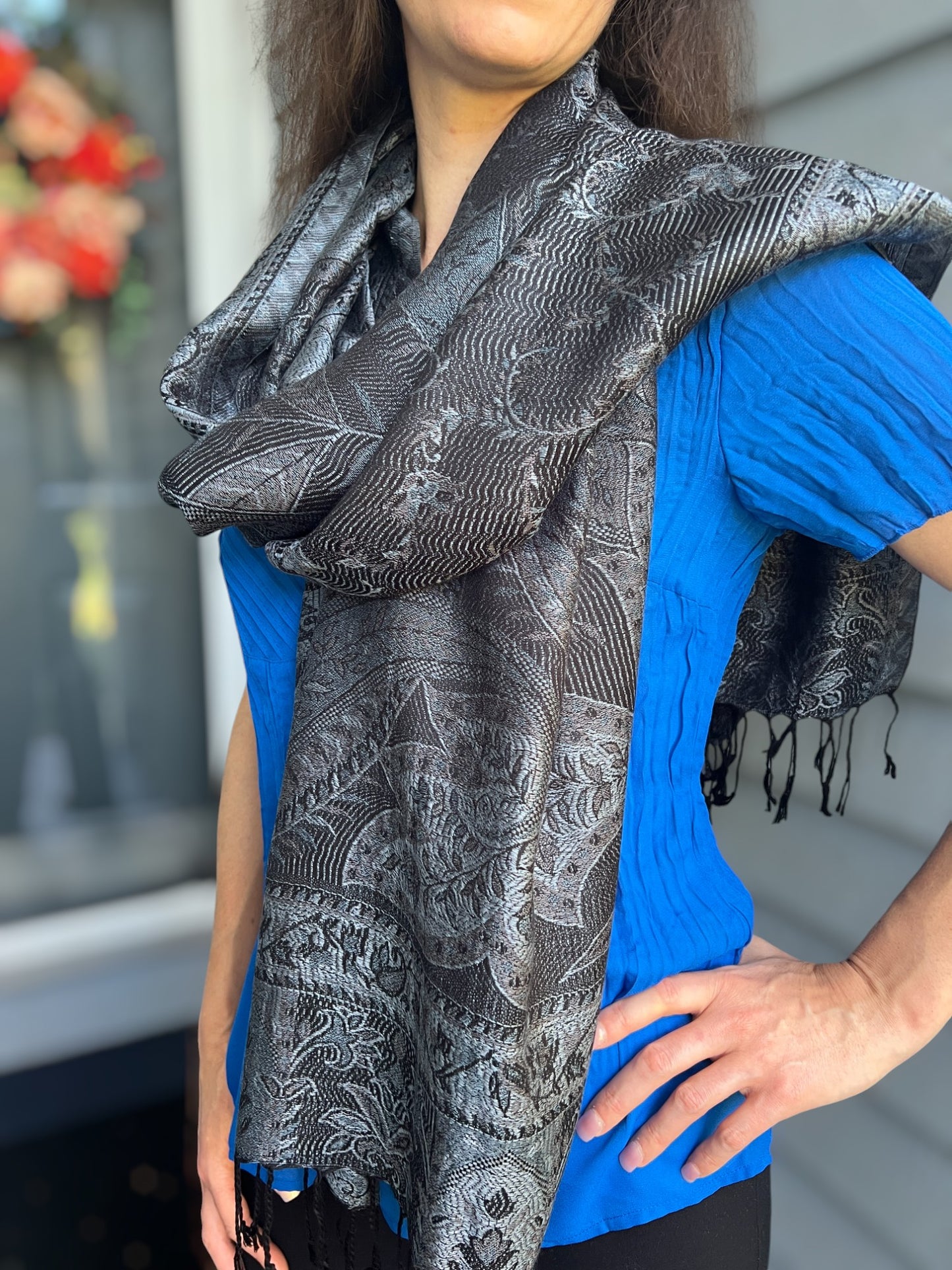 Black and Gray Modal Jamawar Pashmina Scarf Reversible - Rosetta Creative Boutique