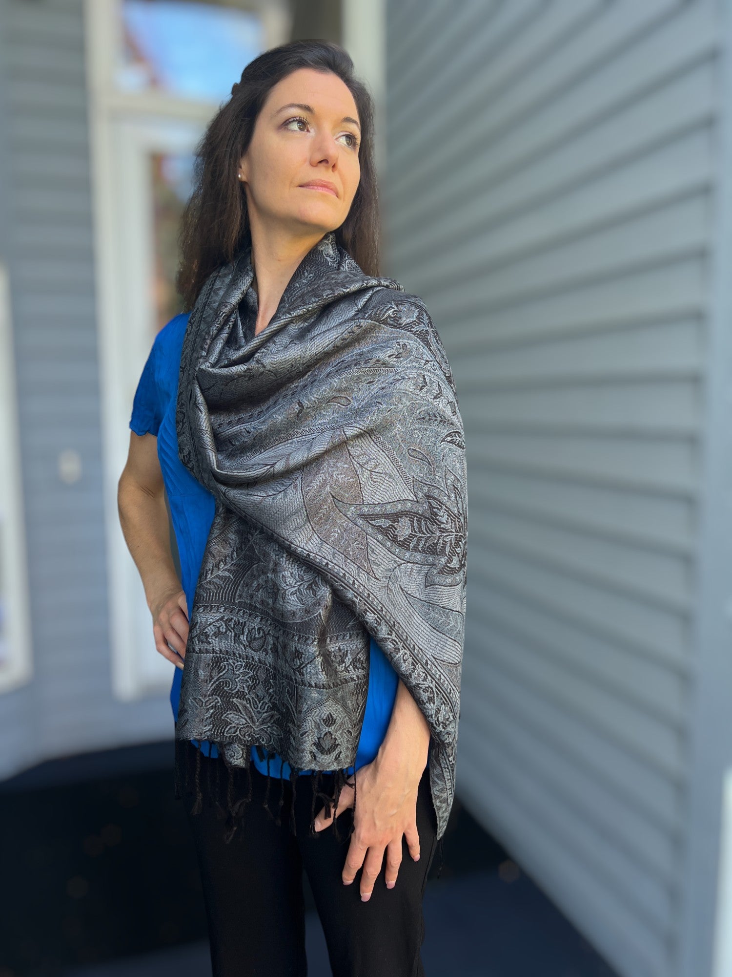 Black and Gray Modal Jamawar Pashmina Scarf Reversible - Rosetta Creative Boutique