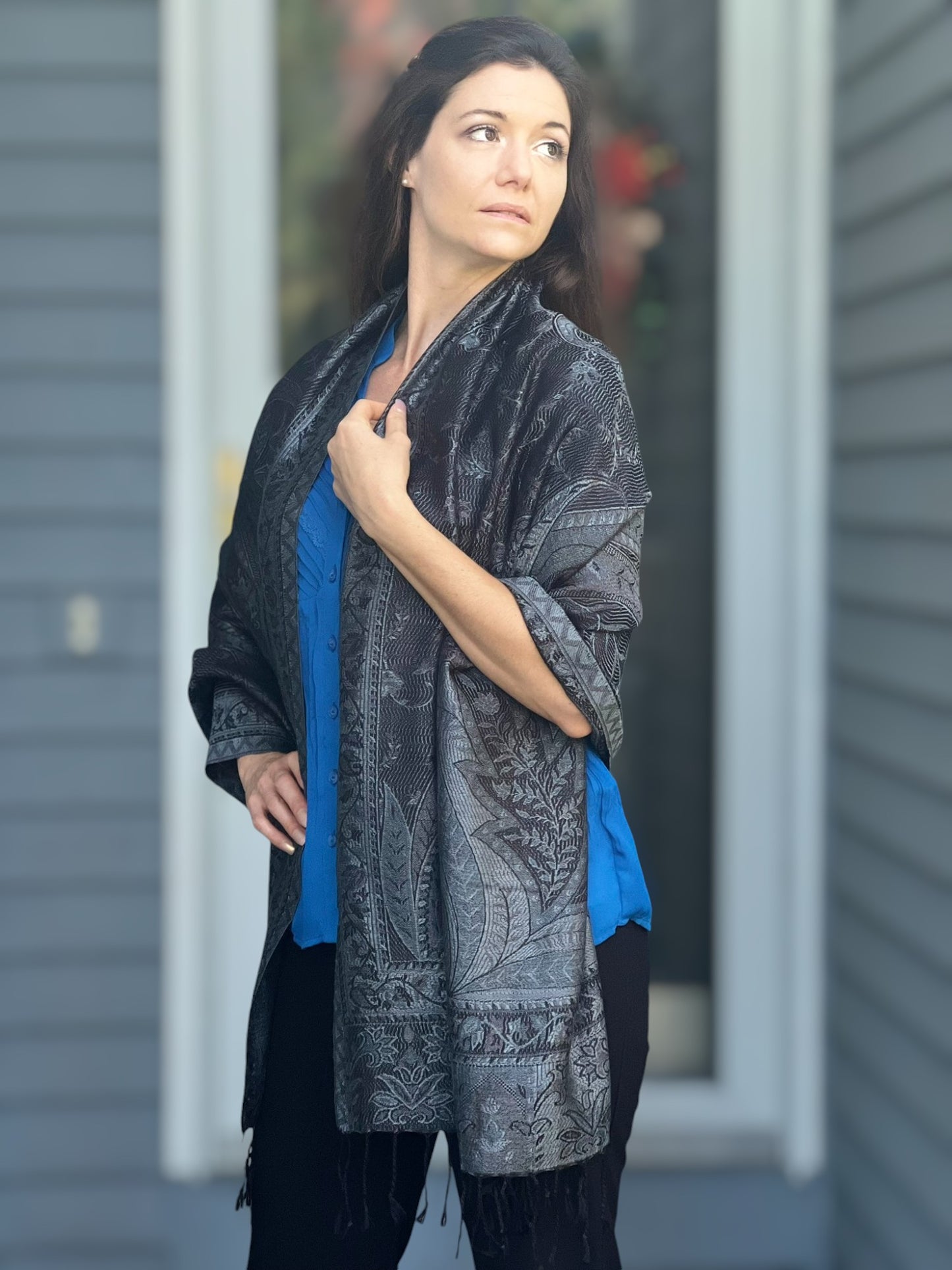 Black and Gray Modal Jamawar Pashmina Scarf Reversible - Rosetta Creative Boutique