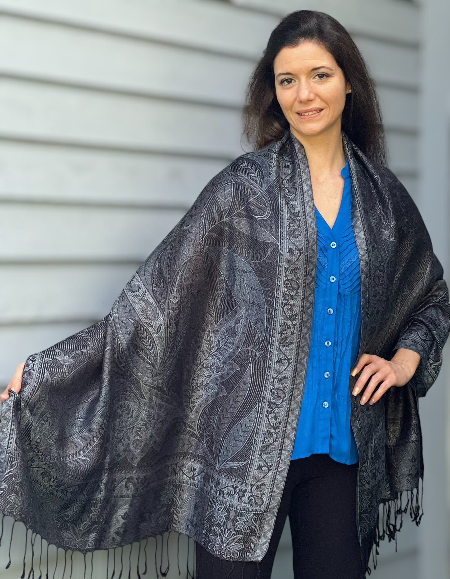 Black and Gray Modal Jamawar Pashmina Scarf Reversible - Rosetta Creative Boutique