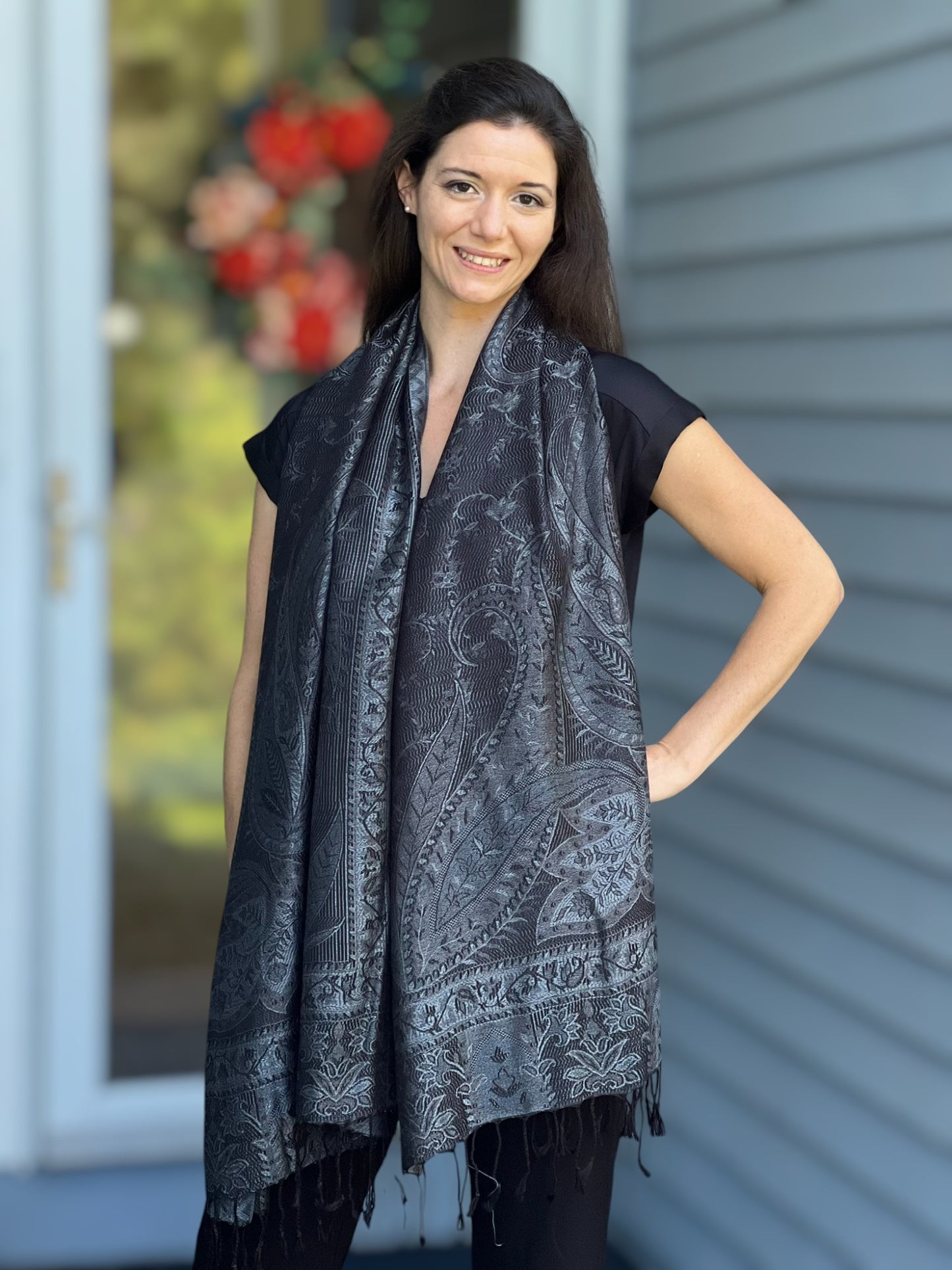 Black and Gray Modal Jamawar Pashmina Scarf Reversible - Rosetta Creative Boutique