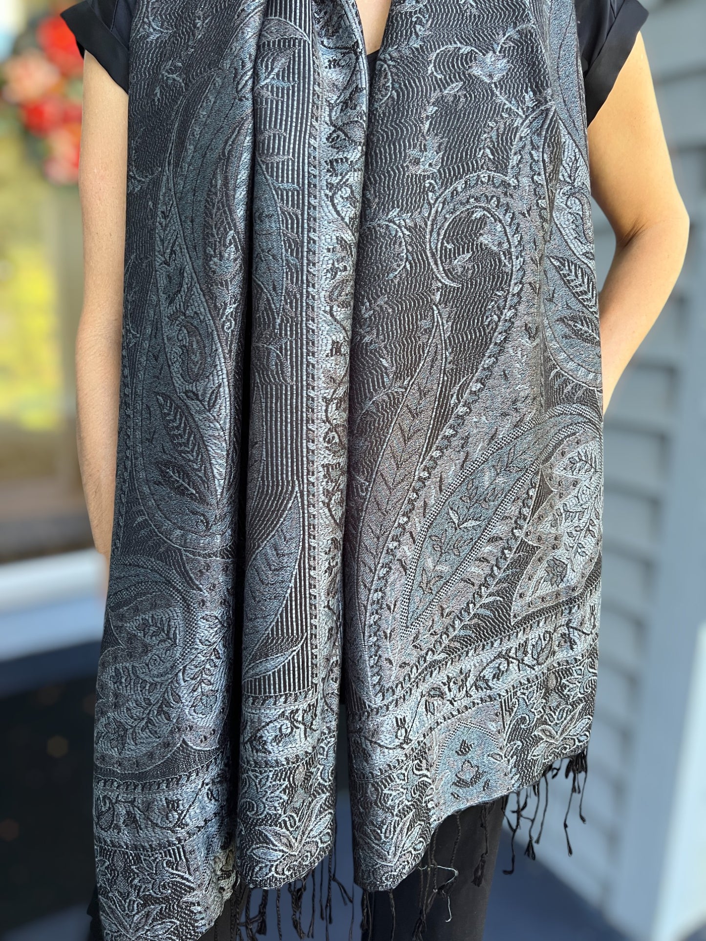 Black and Gray Modal Jamawar Pashmina Scarf Reversible - Rosetta Creative Boutique