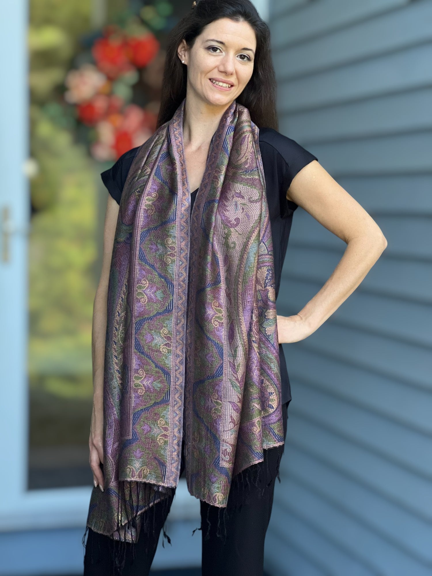 Green Purple Modal Jamawar Pashmina Scarf With Fringes - Rosetta Creative Boutique