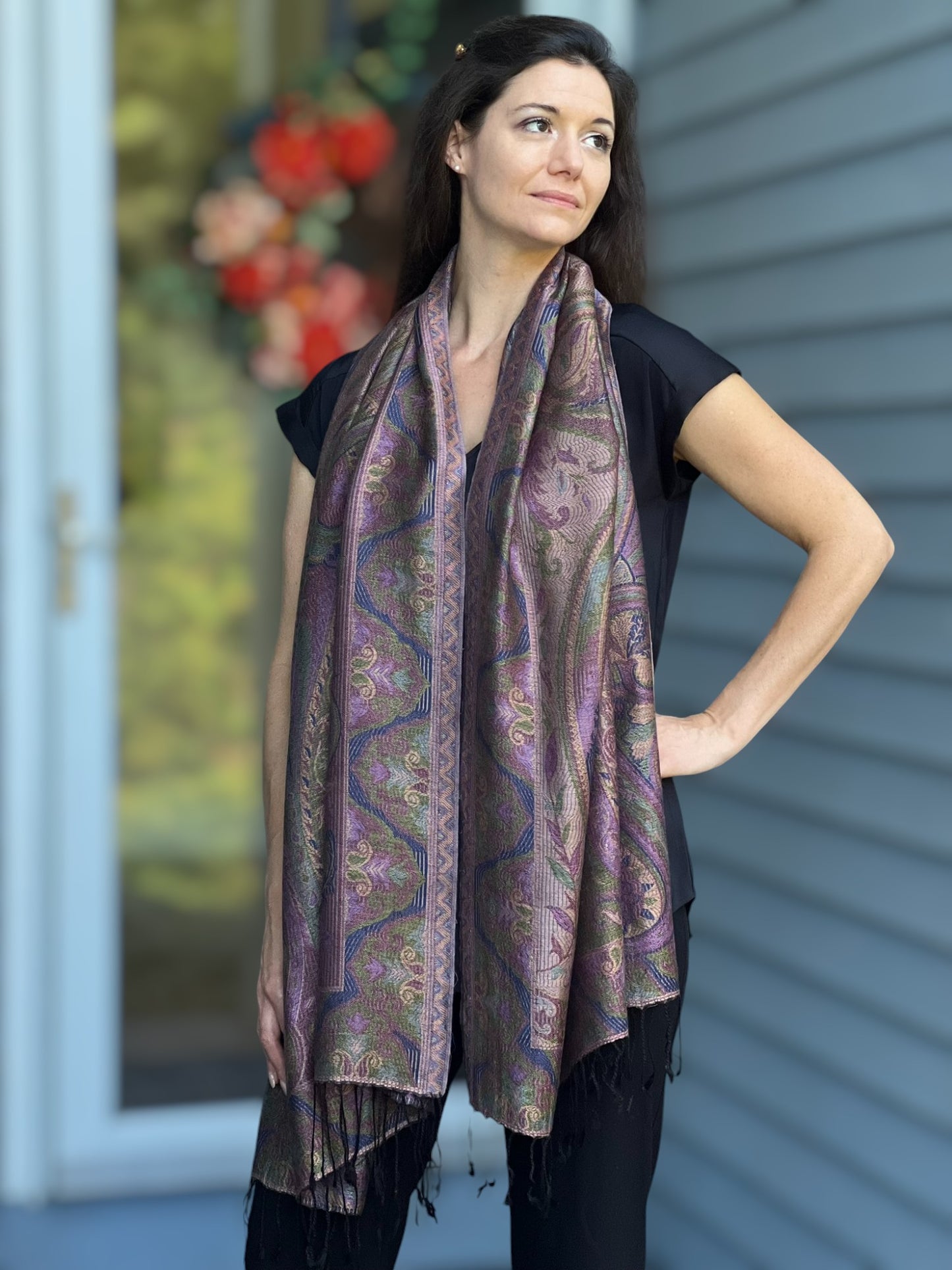 Green Purple Modal Jamawar Pashmina Scarf With Fringes - Rosetta Creative Boutique