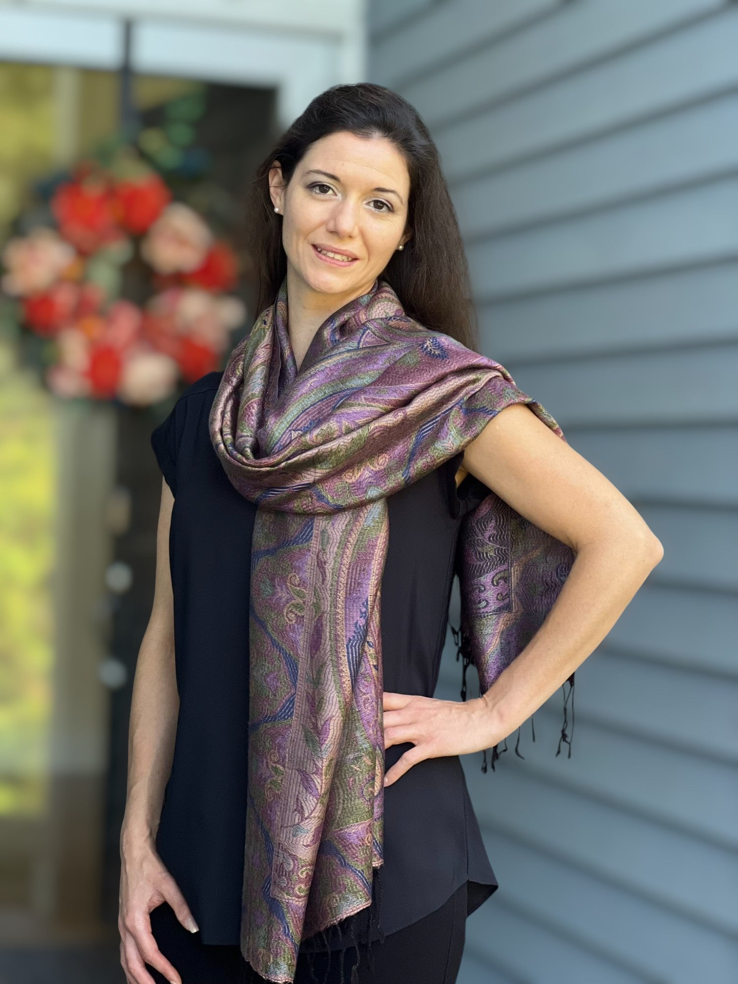 Green Purple Modal Jamawar Pashmina Scarf With Fringes - Rosetta Creative Boutique