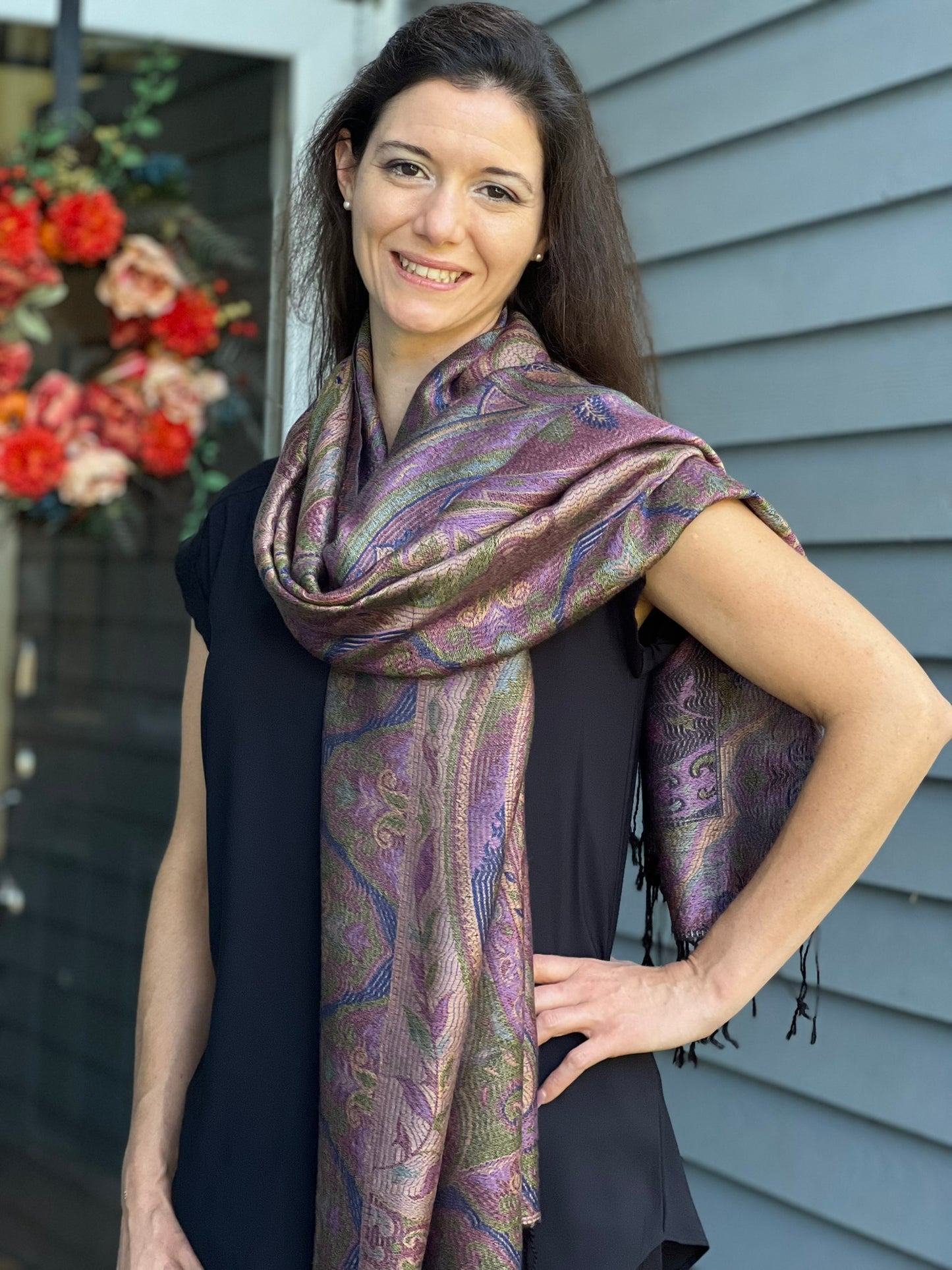 Green Purple Modal Jamawar Pashmina Scarf With Fringes - Rosetta Creative Boutique