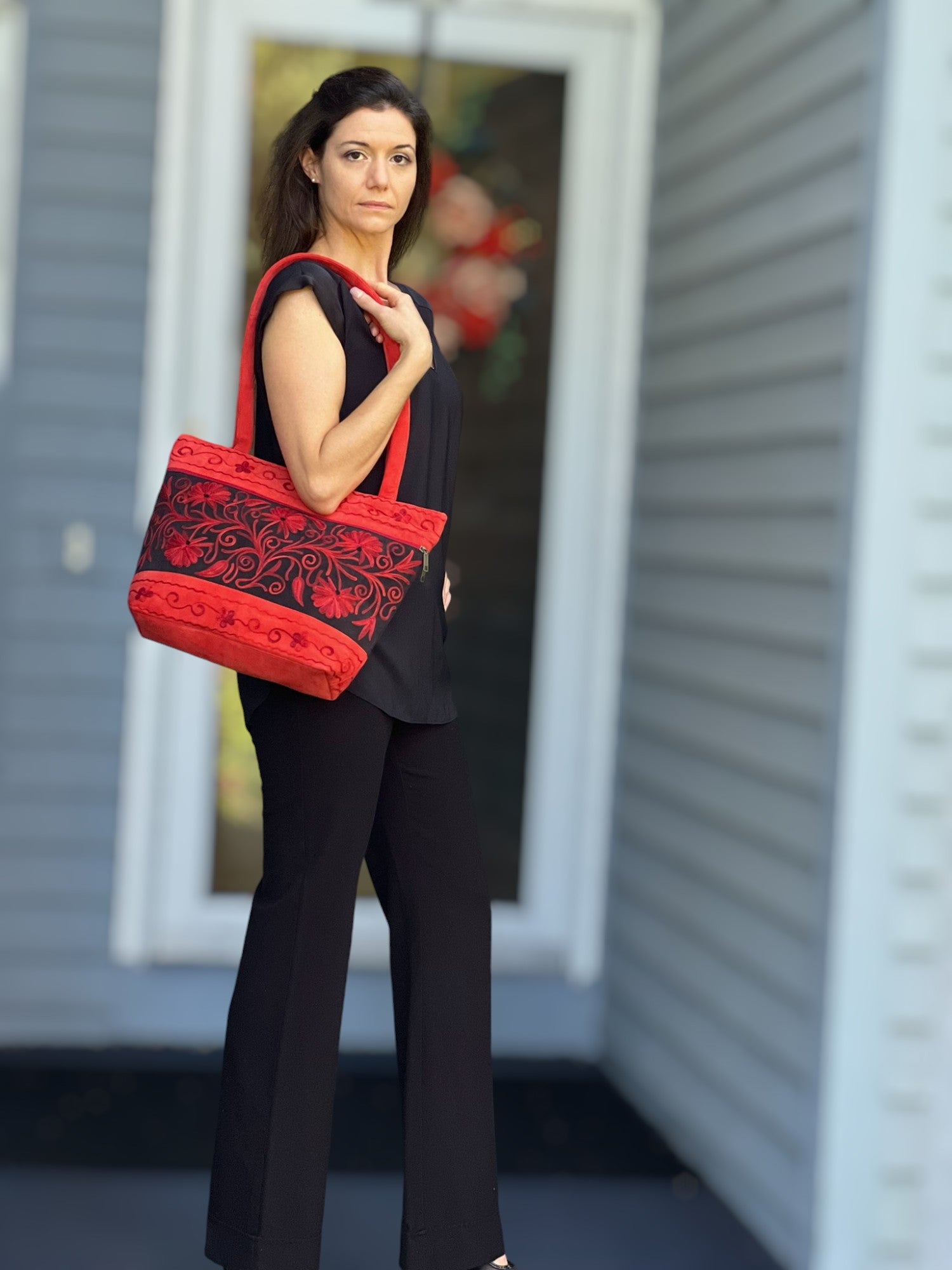 Handmade Red Suede Embroidered Tote Bag Floral Pattern - Rosetta Creative Boutique