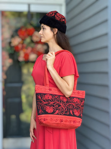Handmade Red Suede Embroidered Tote Bag Floral Pattern - Rosetta Creative Boutique