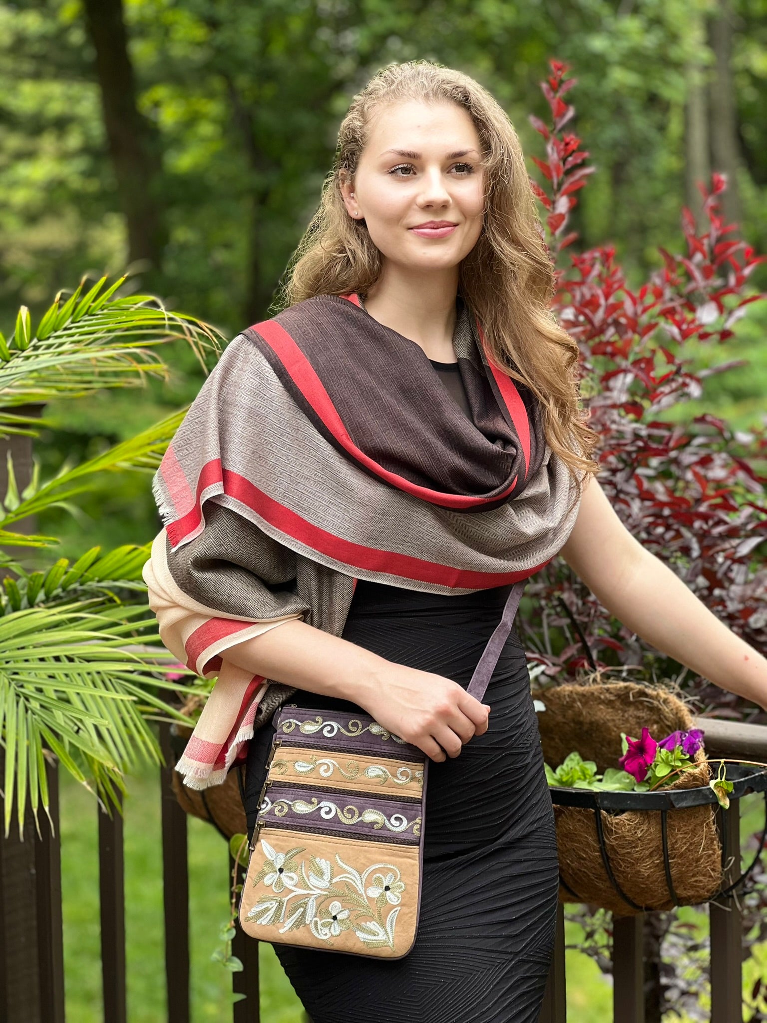 Suede Embroidered Crossbody Bag Five Zippered Pockets - Rosetta Creative Boutique