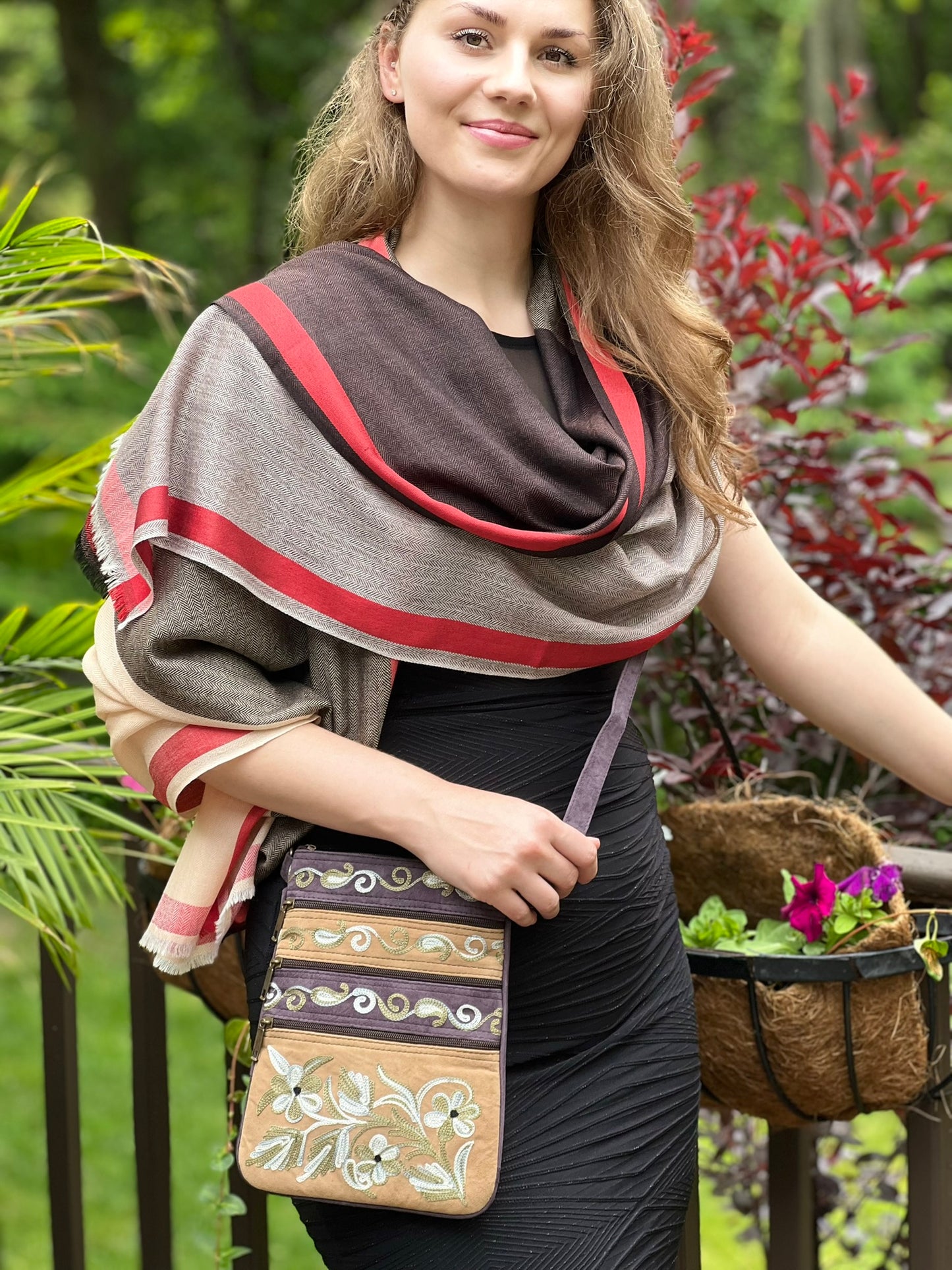Suede Embroidered Crossbody Bag Five Zippered Pockets - Rosetta Creative Boutique