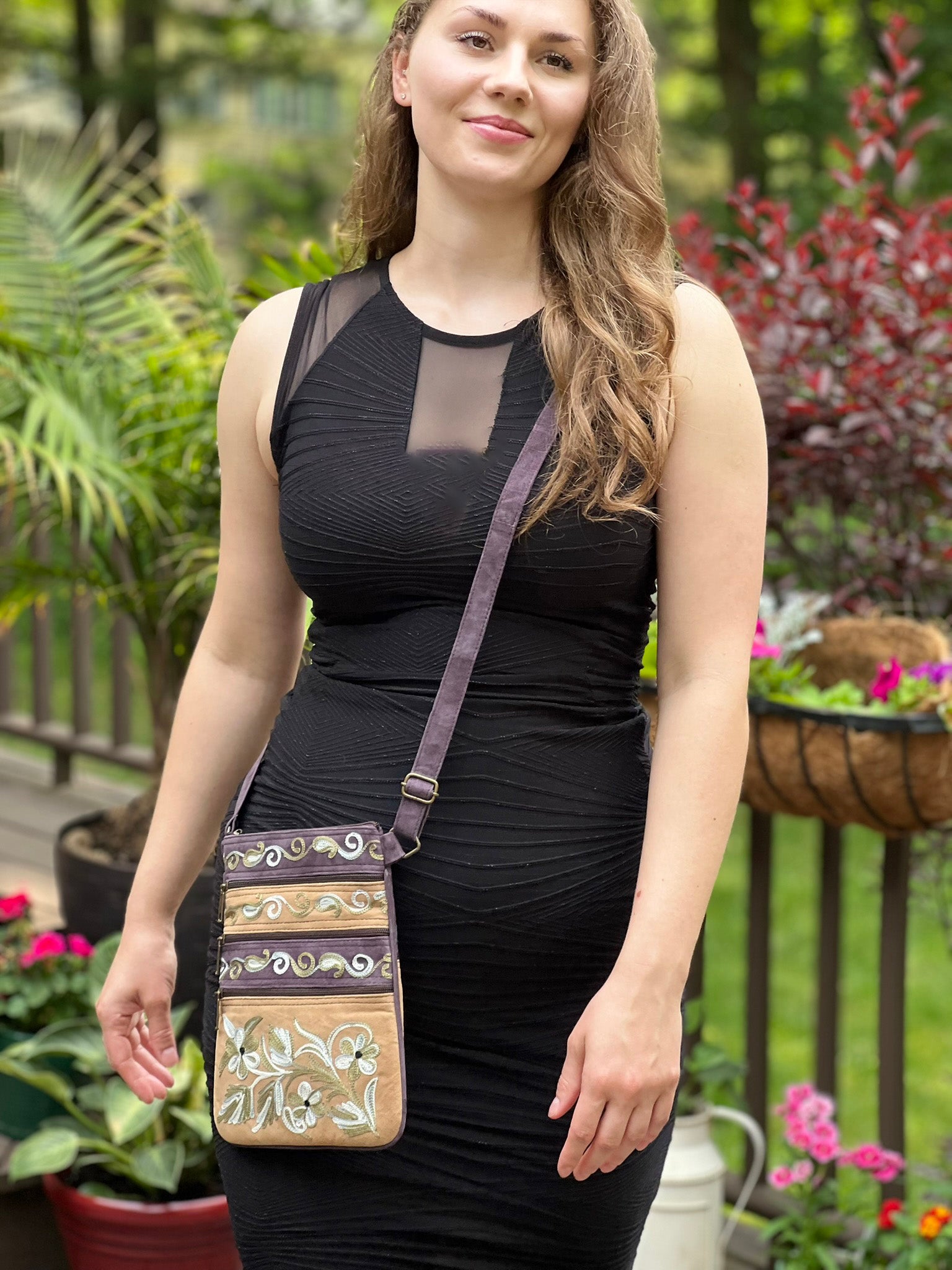 Suede Embroidered Crossbody Bag Five Zippered Pockets - Rosetta Creative Boutique