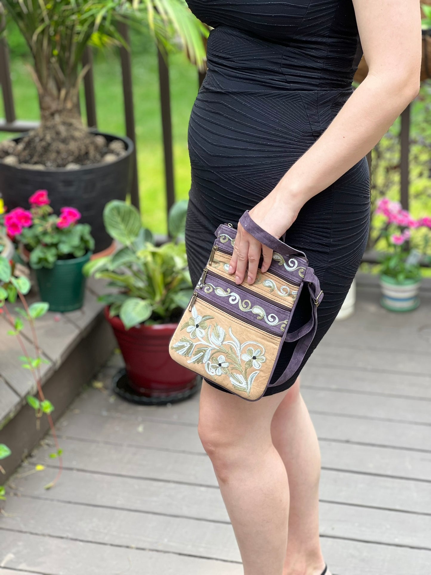 Suede Embroidered Crossbody Bag Five Zippered Pockets - Rosetta Creative Boutique