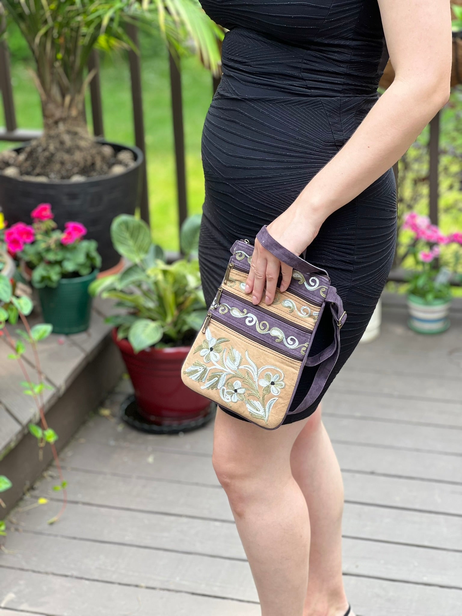 Suede Embroidered Crossbody Bag Five Zippered Pockets - Rosetta Creative Boutique