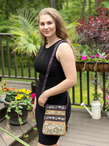 Suede Embroidered Crossbody Bag Five Zippered Pockets - Rosetta Creative Boutique