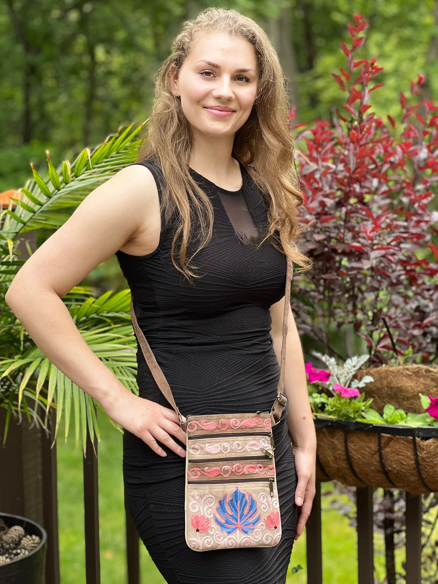 Taupe Blue Suede Embroidered Crossbody Bag Five Zippered Pockets Handmade Eco Friendly - Rosetta Creative Boutique