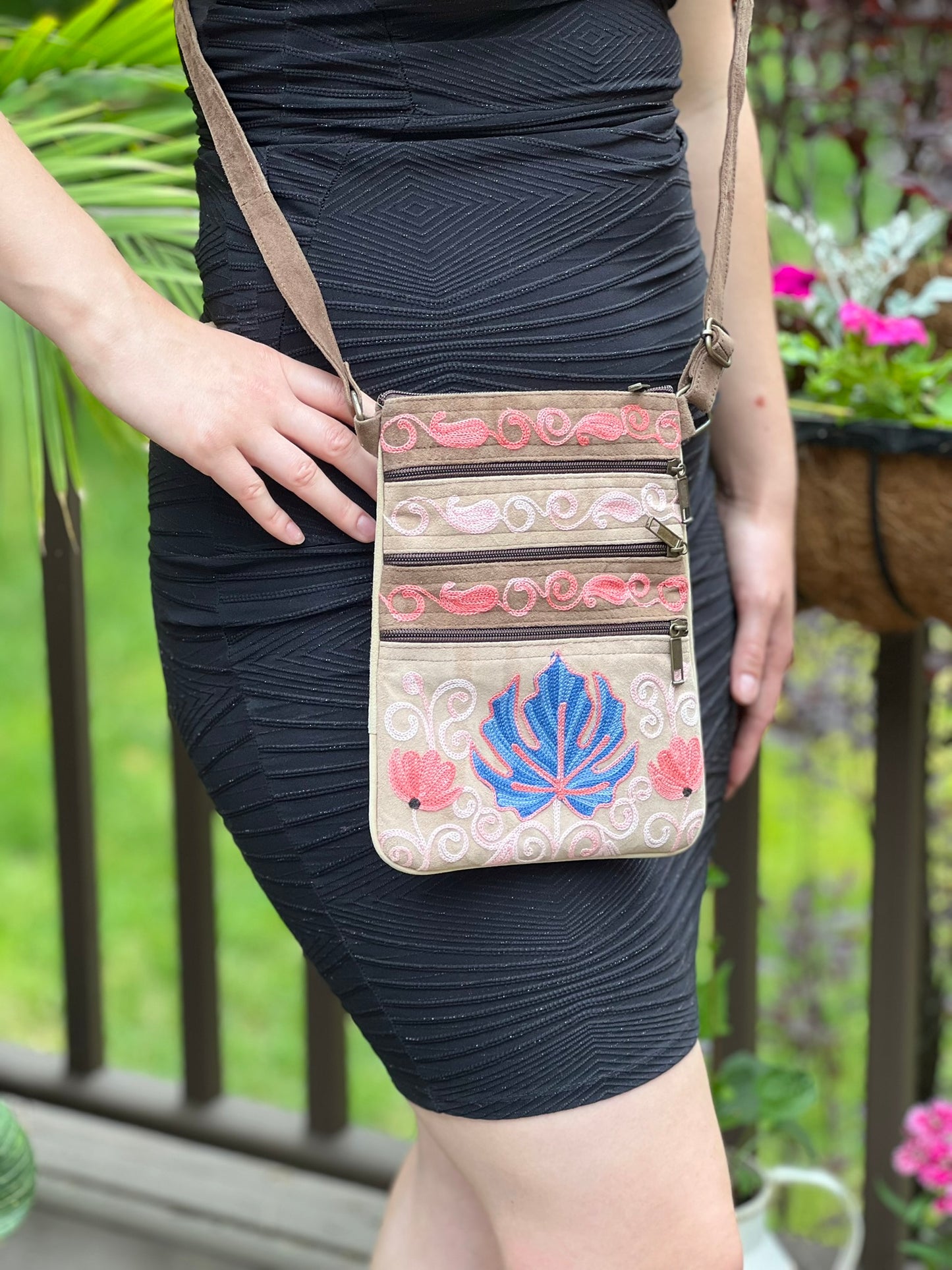 Taupe Blue Suede Embroidered Crossbody Bag Five Zippered Pockets Handmade Eco Friendly - Rosetta Creative Boutique