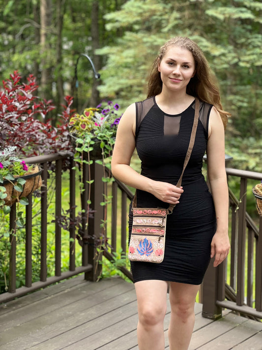 Taupe Blue Suede Embroidered Crossbody Bag Five Zippered Pockets Handmade Eco Friendly - Rosetta Creative Boutique