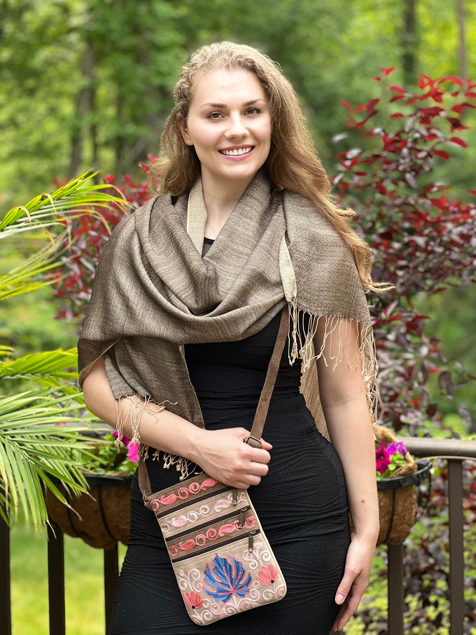 Taupe Blue Suede Embroidered Crossbody Bag Five Zippered Pockets Handmade Eco Friendly - Rosetta Creative Boutique