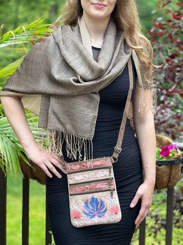 Taupe Blue Suede Embroidered Crossbody Bag Five Zippered Pockets Handmade Eco Friendly - Rosetta Creative Boutique
