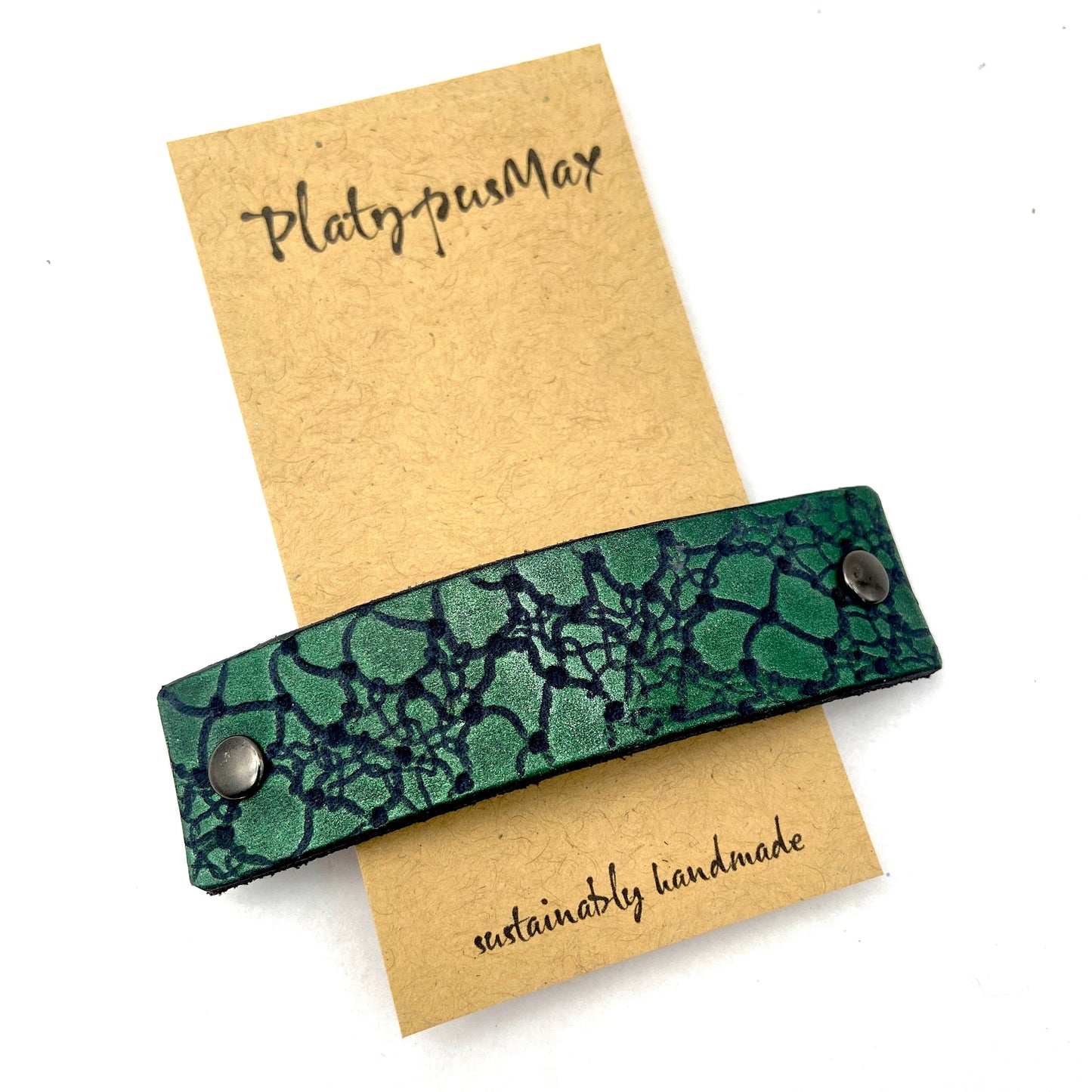 Green Dragon Scales Leather Hair Barrette With Lace Texture - Rosetta Creative Boutique
