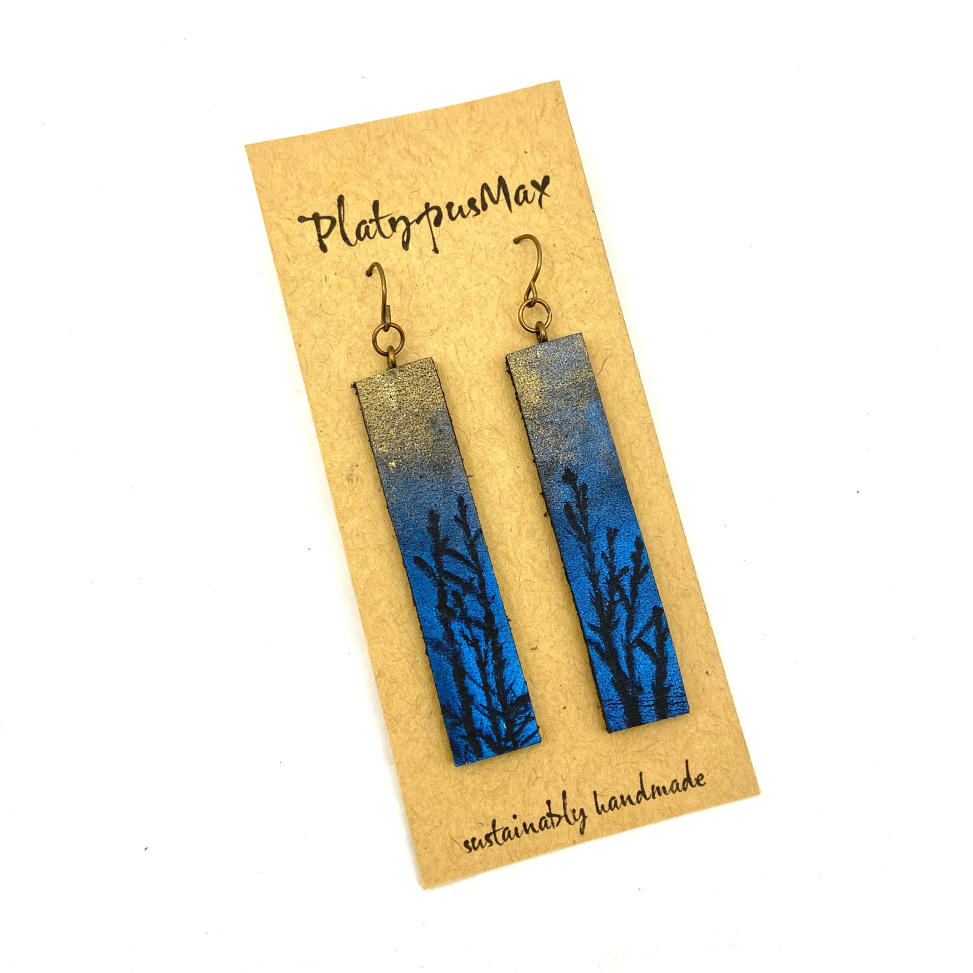 Moonlit Trees Blue And Gold Branches Leather Bar Earrings - Rosetta Creative Boutique