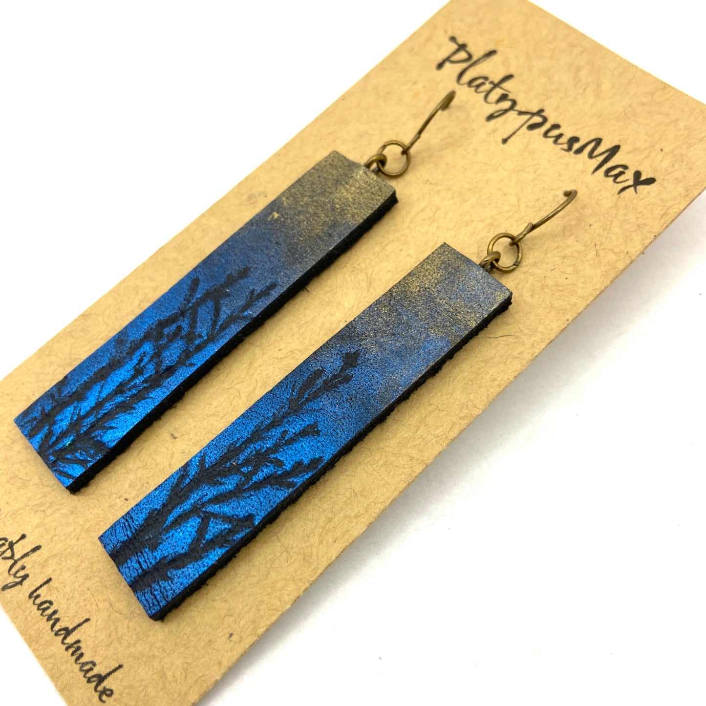 Moonlit Trees Blue And Gold Branches Leather Bar Earrings - Rosetta Creative Boutique