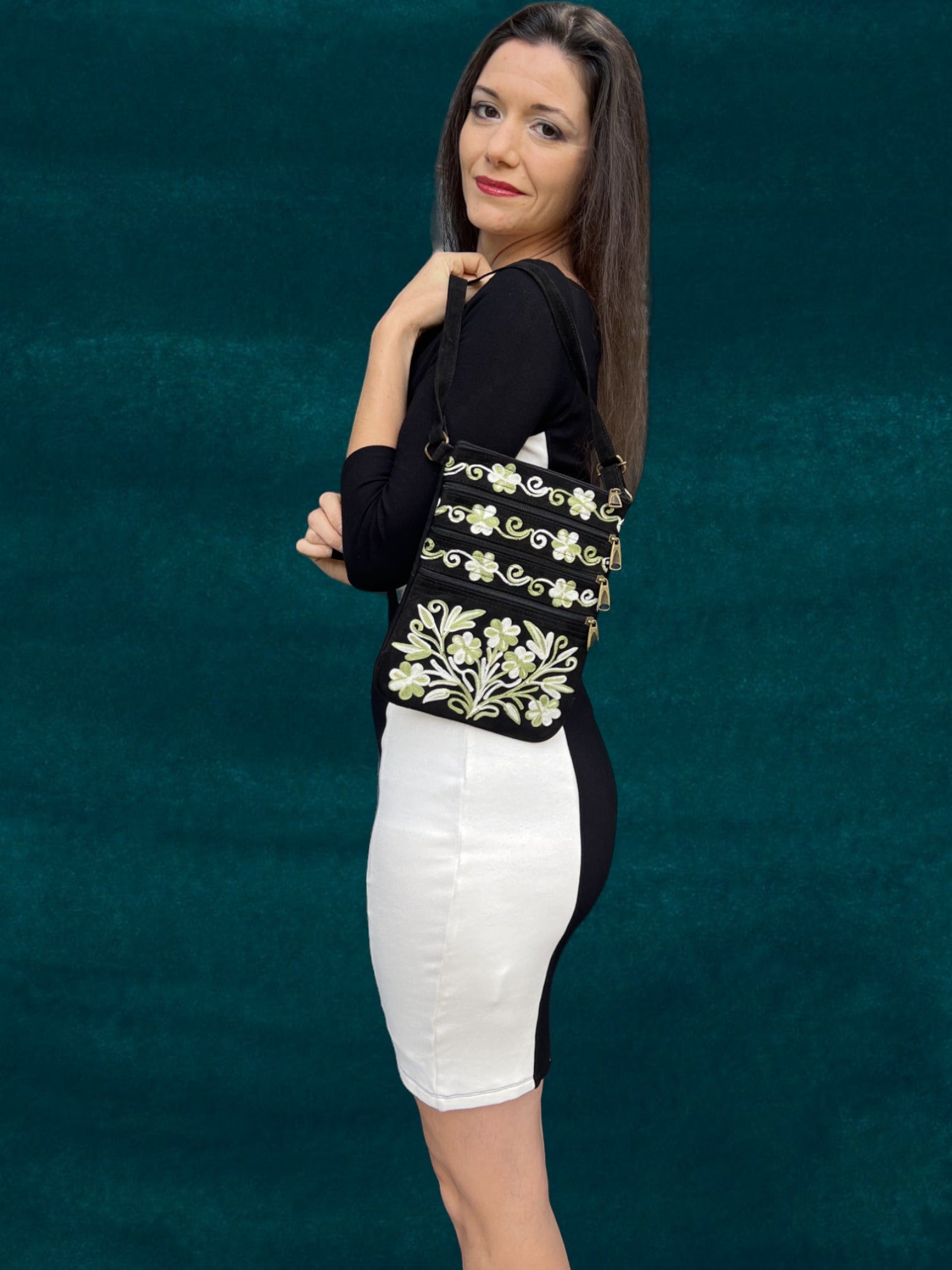 Sage And Black Suede Embroidered Crossbody Bag For Women - Rosetta Creative Boutique