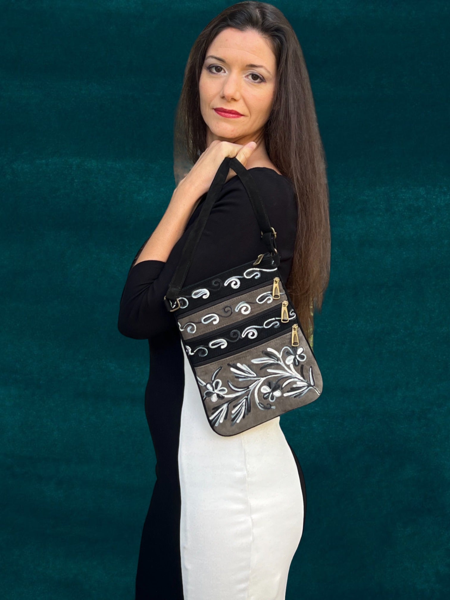 Suede Embroidered Cross Body Bag Dark Brown Black 5 Zippers - Rosetta Creative Boutique