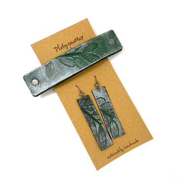 Green Silver Embossed Leaves Barrette And Earring Gift Set - Rosetta Creative Boutique