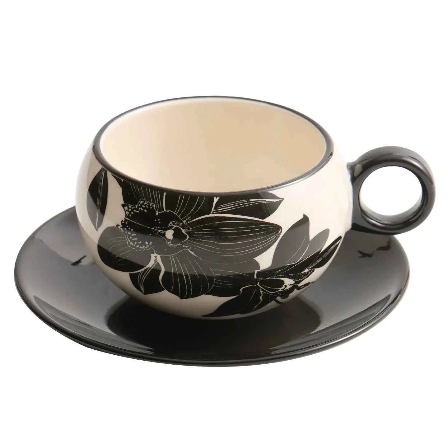 Peony Porcelain Coffee Cup & Saucer Set — Elegance in Black and White