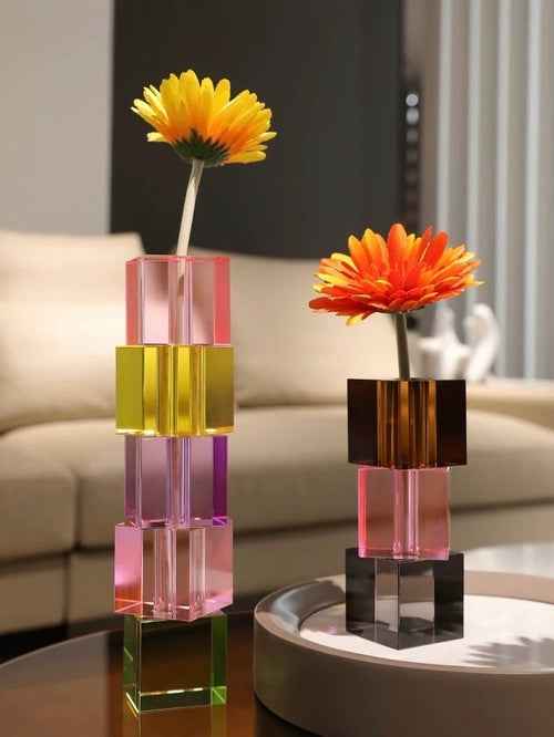 Modern Crystal Cube Bud Vase – Dopamine Rainbow Glass Table Centerpiece