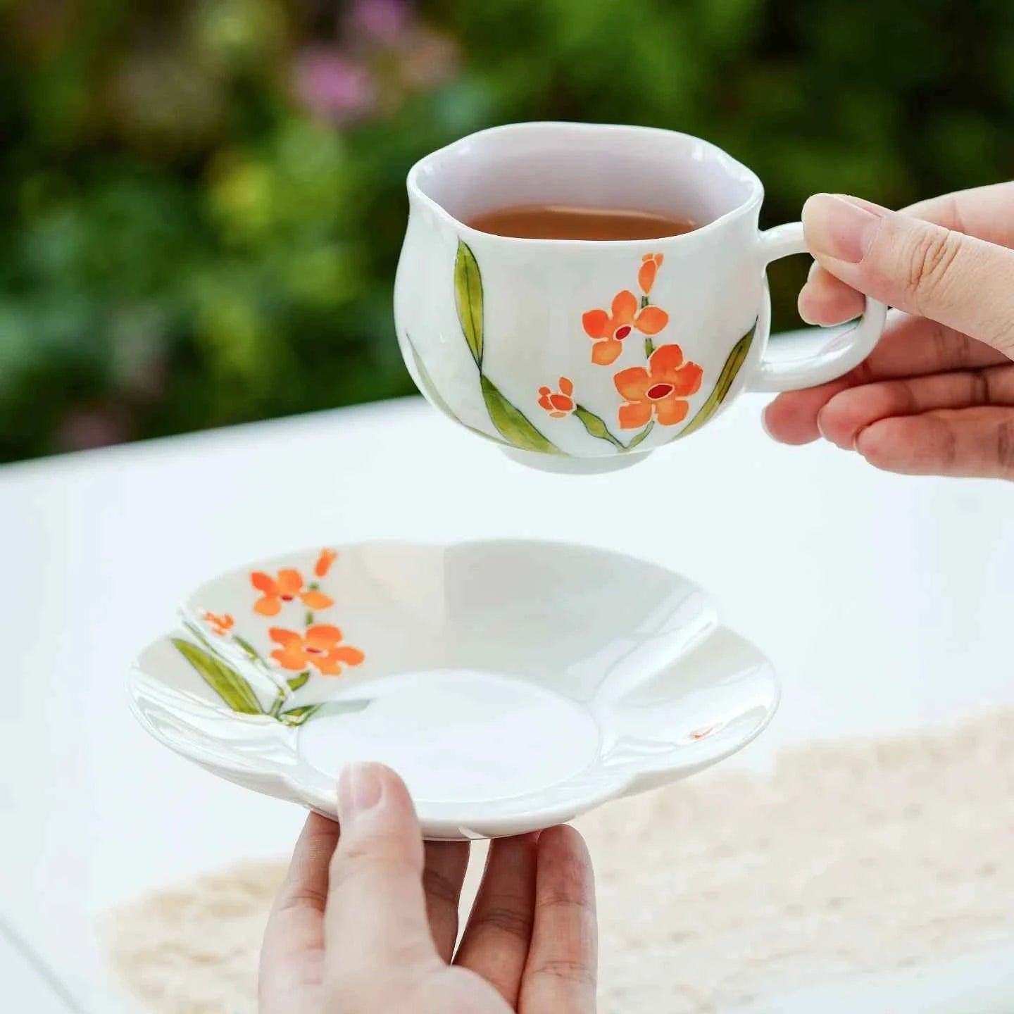 Hand-Painted Orange Blossom Porcelain Teacup & Saucer Set – Artistic Floral Ceramic Cup for Tea or Coffee