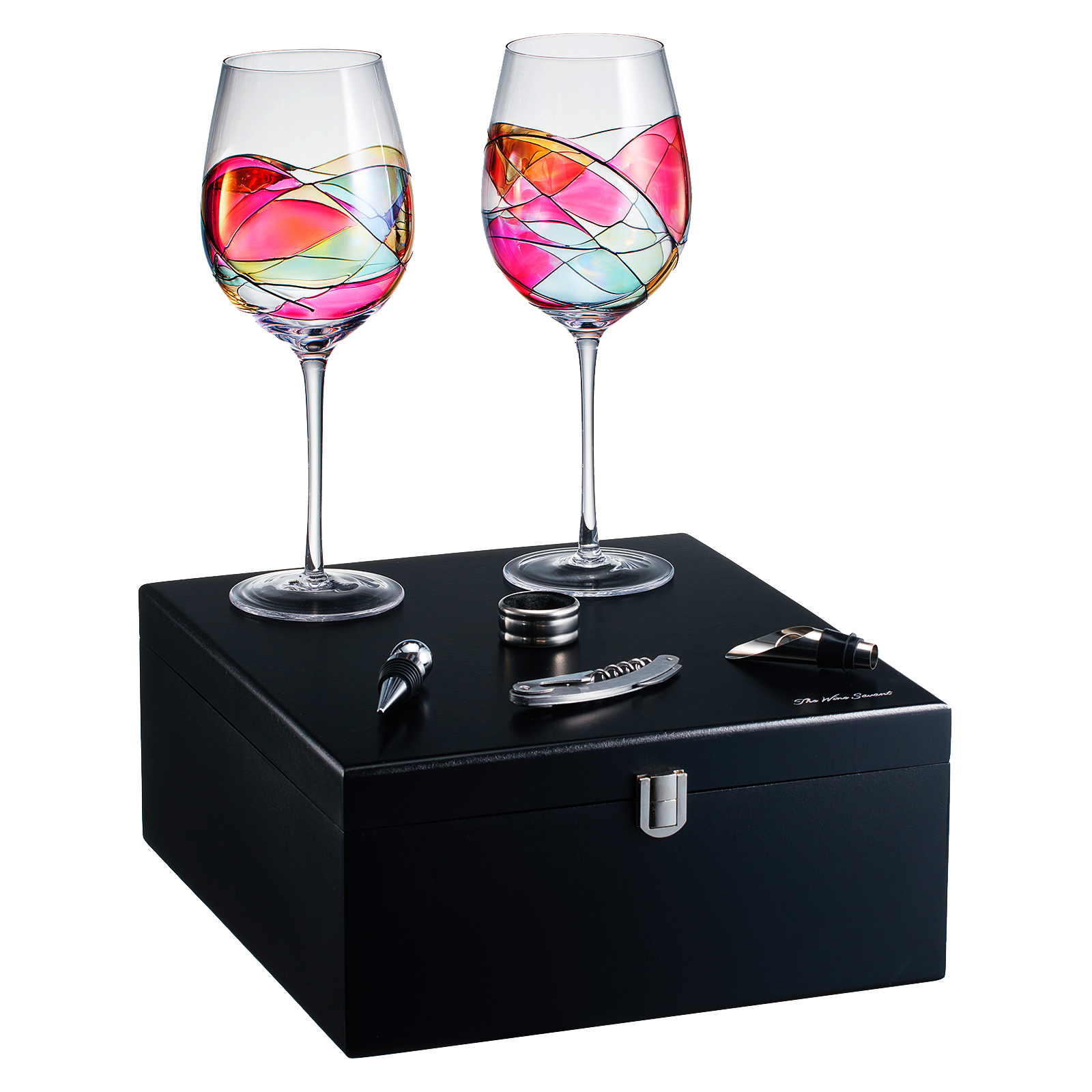 Painted STEMMED wine glass box set - opener, stopper, drip ring, wine pourer - 2 glasses