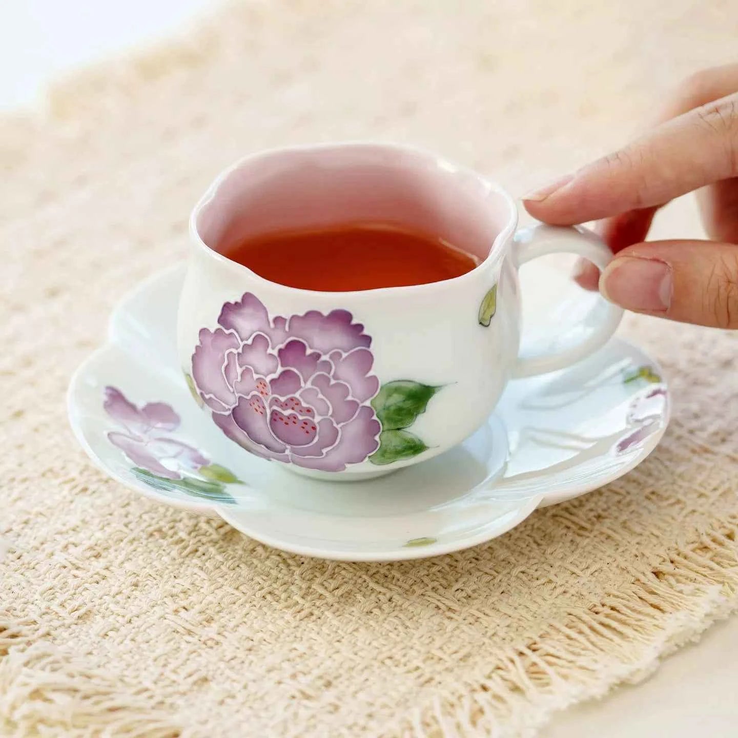 Hand-Painted Purple Peony Porcelain Teacup & Saucer Set – Elegant Floral Ceramic Cup for Tea or Coffee