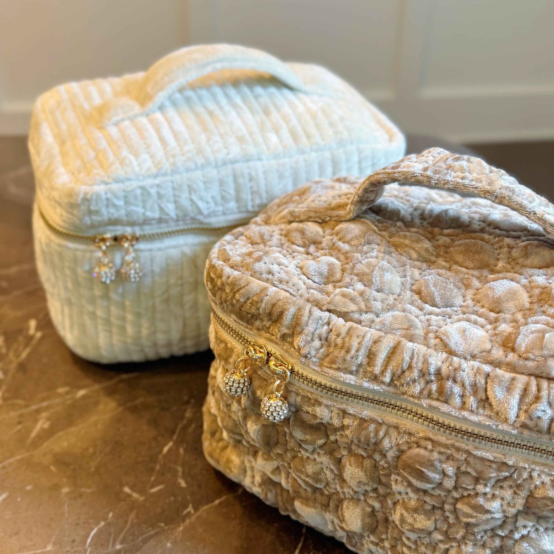 Quilted Velvet Vanity Case Vintage Inspired With Handle Jeweled Zipper Pulls