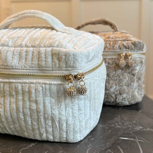 Quilted Velvet Vanity Case Vintage Inspired With Handle Jeweled Zipper Pulls