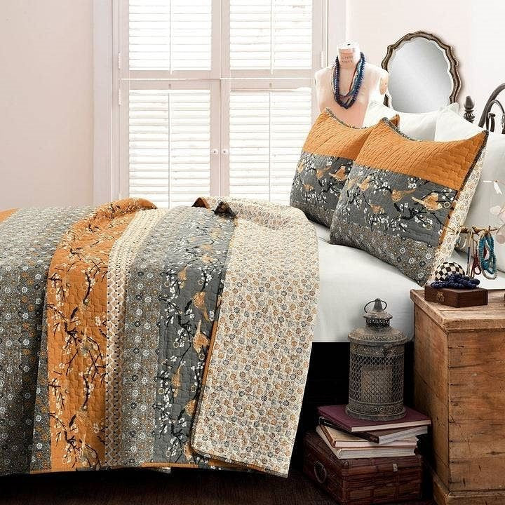 King Size Orange Grey Boho Floral Birds Reversible Quilt Set - Rosetta Creative Boutique