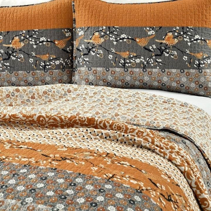 King Size Orange Grey Boho Floral Birds Reversible Quilt Set - Rosetta Creative Boutique