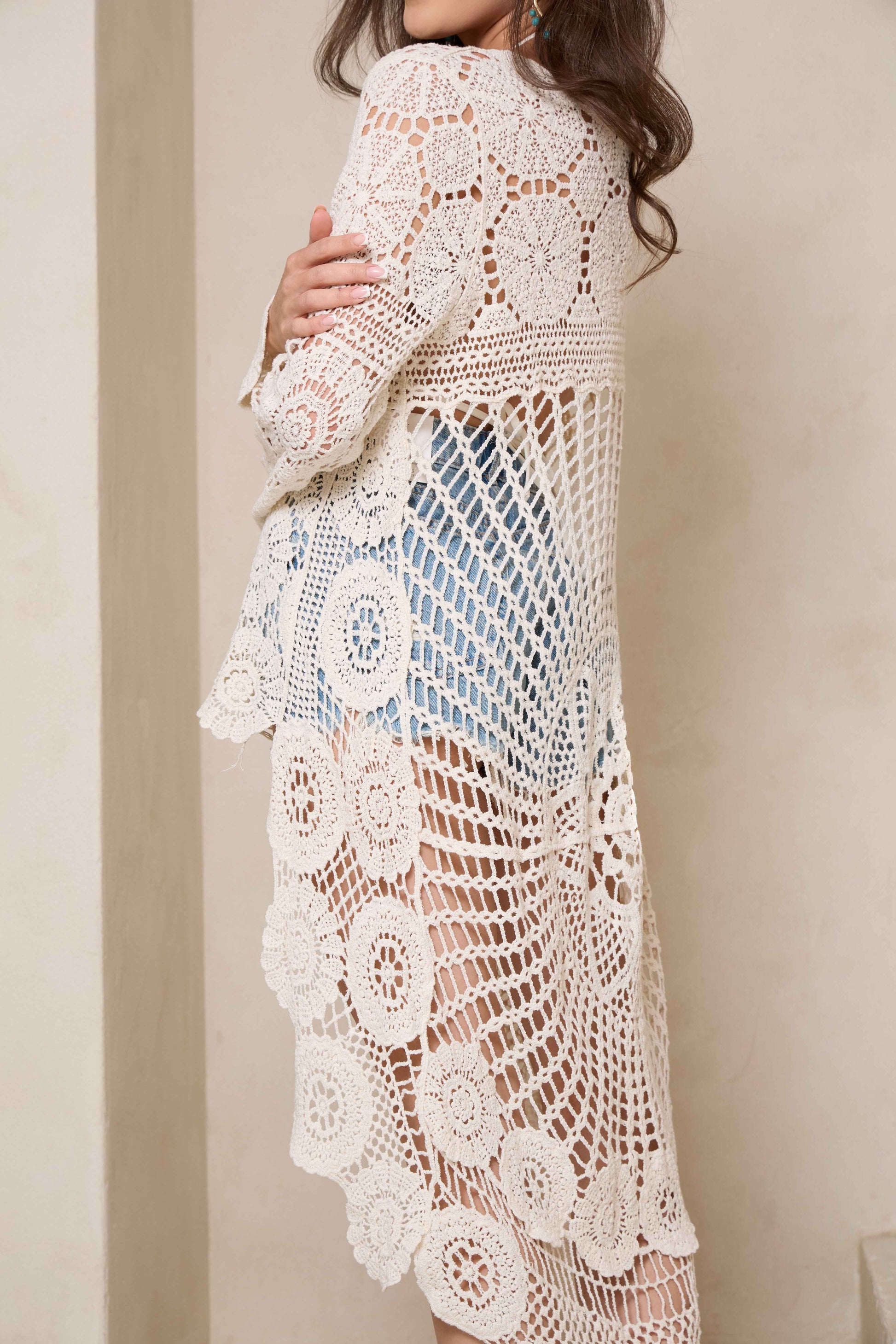 High Low Long Sleeve Crochet Cover Up