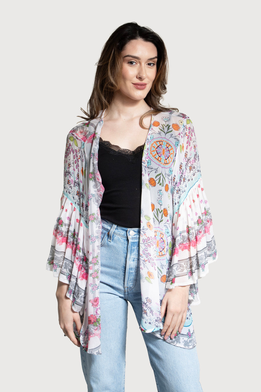 Mystical Garden Ruffle Sleeve Kimono – Pink
