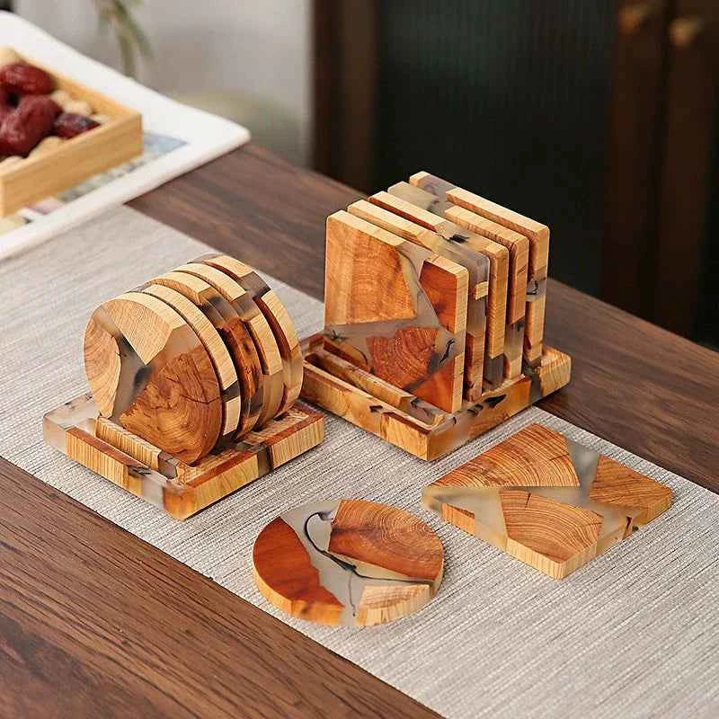 Biodegradable Pine Wood Resin Coasters with Ink Texture – 8cm Eco-Friendly Drink Mats