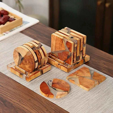 Biodegradable Pine Wood Resin Coasters with Ink Texture – 8cm Eco-Friendly Drink Mats