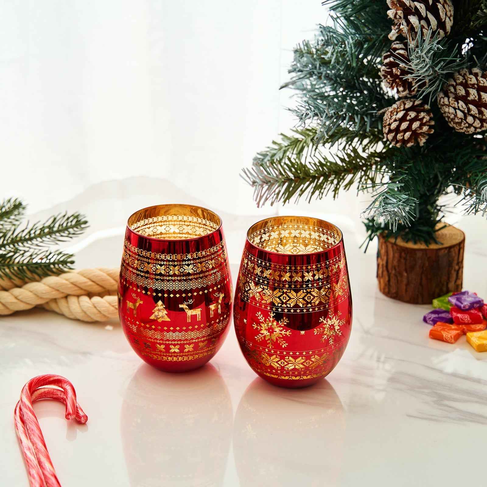 Crystal Christmas Tree Wine & Water Glasses - Set of 2 - Holiday Themed Red & Gold Etched Winter Snow Wonderland Frosted Glass, Perfect Seasonal Parties, Gifts Him & Her Trees Décor - Stemless Trees