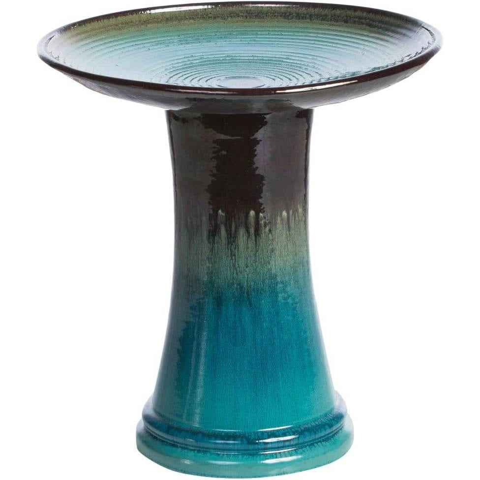 Outdoor Garden Blue Ceramic Birdbath with Multishade Glaze